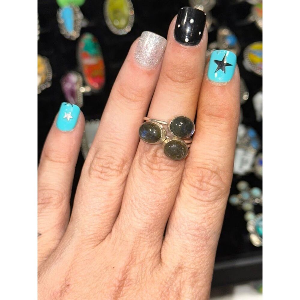 Labradorite 3 Stone Sterling Silver Overlay Ring Size 7
